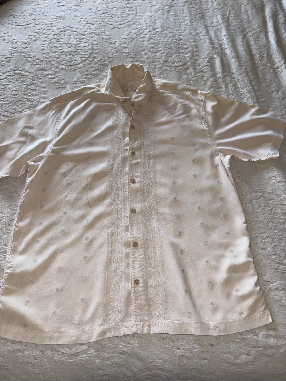 Tommy Bahama Cream 100% Silk Short-Sleeve Embroidered Button-Down Shirt DMGD XL